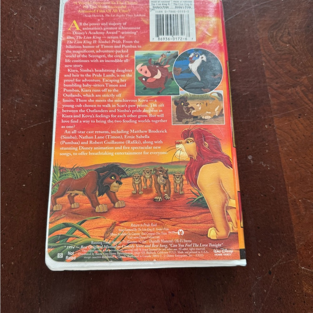 Disney The Lion King II VHS with Red and Orange Cover